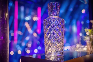 Wandcirkels Bar A crystal decanter illuminated by colorful neon lights, placed on a reflective surface with a blurred vibrant background.  © Promptalo