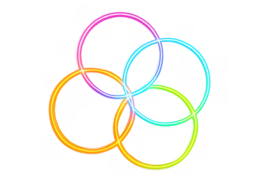 Neon rainbow circles intersecting dynamically, creating geometric pattern with transparent backdrop, perfect for modern digital design and graphic artwork