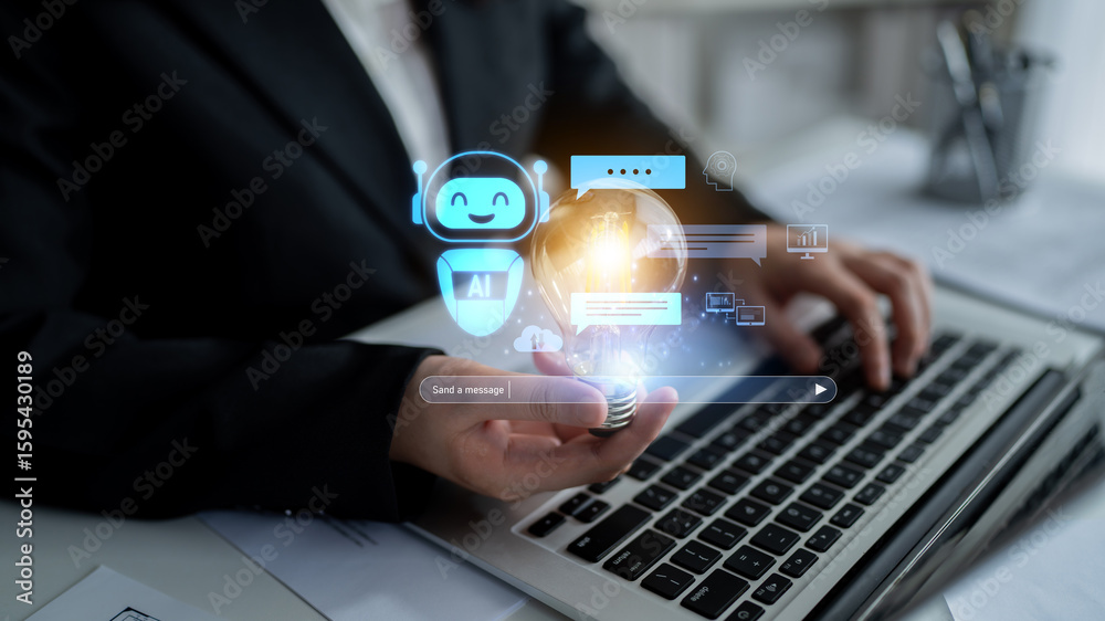 Poster ai chatbot improves virtual assistant interaction. ai chatbot processes text, supports users, ai cha