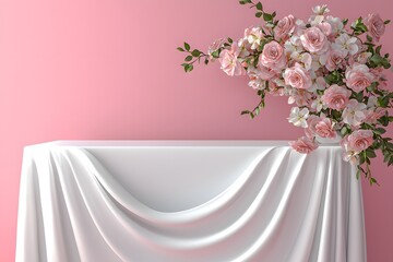 Elegant Pink Roses & White Draped Table: Product Display, Wedding, Event Background