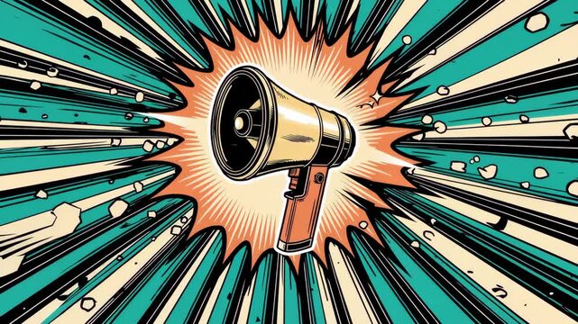 Pop art style megaphone bursting in comic explosion with vibrant teal and orange background, powerful visual representing voice, message, or public announcement