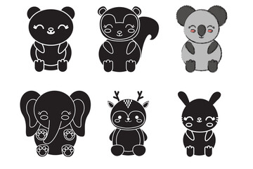 Adorable Kawaii Animals: Six Cute Cartoon Critters, Black and White Line Art, Happy Mood
