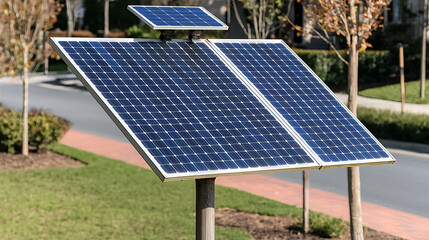 A set of solar panels converts sunlight into electricity, providing clean energy in a residential neighborhood with lush green lawns and neatly trimmed trees.