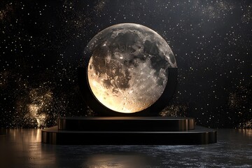 Celestial Moon Background: Elegant Black Platform & Starry Night