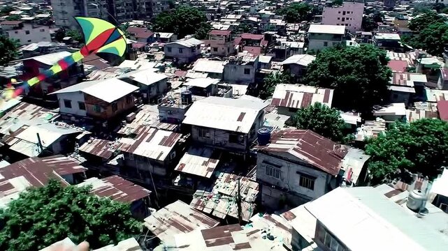 Aerial View of Densely Packed Slum with Overflowing Trash Heaps
