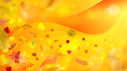 Soft fall composition with falling leaves and beautiful bokeh at sunset.