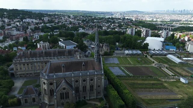 Chateau Saint-Philippe and Campus in Meudon with Paris Skyline, Aerial View