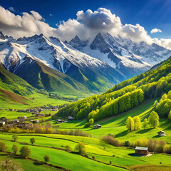 Green fields and snowy hills under sunny weather