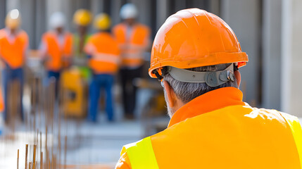 Construction Worker Overseeing Team: A construction worker in safety gear watches his crew on the job site. Focus is on safety and teamwork.