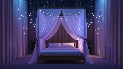 Romantic canopy bed draped with sheer fabric and fairy lights