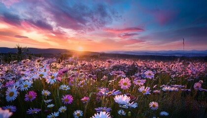 Fototapeta premium a field of daisies glows at sunset the sky is beautiful shades of blue pink and purple