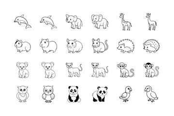 Cute hand-drawn animal illustrations for kid coloring pages.