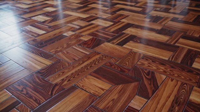 Detailed macro shot of polished wooden parquet floor with rich brown tones, showcasing natural texture and elegant geometric pattern under soft indoor light