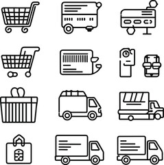 Minimal black and white line icon set for e-commerce and online shopping. Include icons like shopping cart, credit card, barcode scanner, discount tag, delivery truck, and mobile payment, each drawn 4