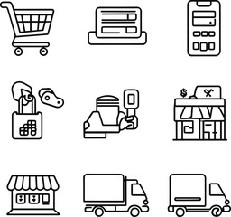 Minimal black and white line icon set for e-commerce and online shopping. Include icons like shopping cart, credit card, barcode scanner, discount tag, delivery truck, and mobile payment, each drawn 7
