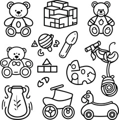 black and white line icons of toys and children's items such as teddy bear, puzzle piece, building blocks, toy car, rocking horse, rattle, and baby bottle 2