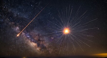 Spectacular cosmic event featuring a meteor shower against the Milky Way backdrop