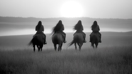Silhouettes of Four Horsewomen Riding at Sunset