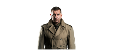Serious Man In Trench Coat. Professional And Mysterious Appearance Isolated On Transparent Background