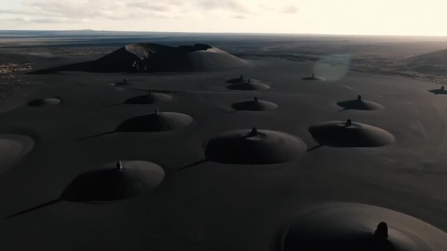The alien landscape of Iceland a volcanic vista of pseudo craters under a cloudy sky smooth aerial shot with slight pan