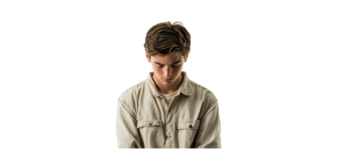 Teenager In Beige Shirt Looking Down. Emotion And Introspection Isolated On Transparent Background