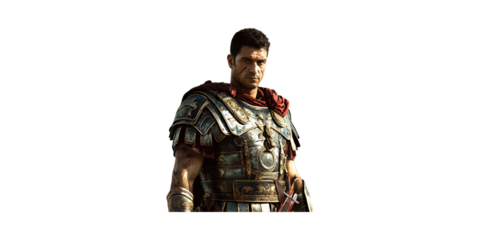 Roman Soldier In Detailed Armor. Historical Warrior Representation Isolated On Transparent Background