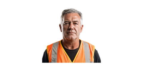 Mature Construction Worker In Safety Vest. Professionalism And Safety In Construction Industry Isolated On Transparent Background