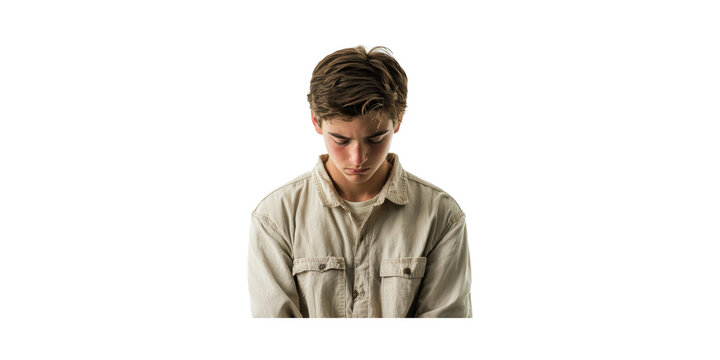 Teenager In Beige Shirt Looking Down. Emotion And Introspection Isolated On Transparent Background
