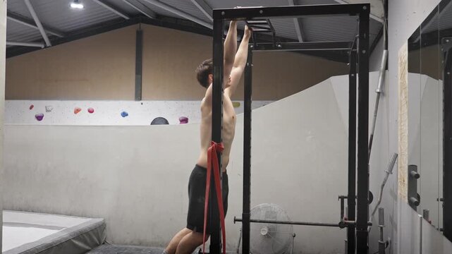 Young White Adult Bodybuilder In Black Shorts Dead Hanging From Pull Up Bar Sideways View