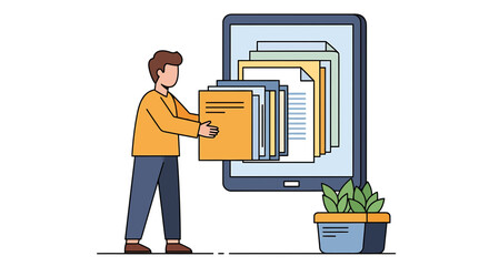 Illustration of Digital Document Management with a Man Organizing Files on a Tablet Device