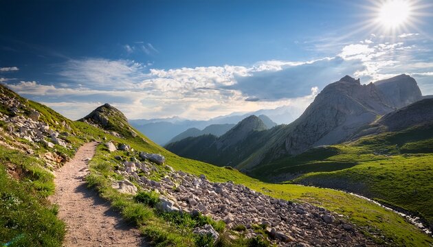 sunlit winding mountain trail leading towards rugged rocky peaks under a partly cloudy blue sky surrounded by green grassy hills and scattered boulders - Powered by Adobe
