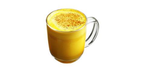 Golden Turmeric Latte In Glass Mug. Health Benefits And Anti-Inflammatory Properties Highlighted Isolated On Transparent Background