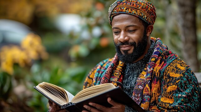 Man in Colorful Turban Reading a Book Outdoors - Powered by Adobe