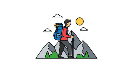 Illustrative Scenic Mountain Hiking Adventure with Backpacking Explorer Under Sunny Sky