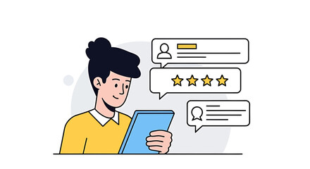 Person Engaging with Digital Reviews and Feedback on Tablet Device in Modern Illustration