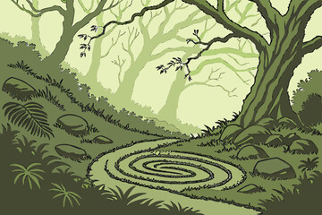 Fototapeta premium dense mossy forest,overgrown landscape,swirling concentric rings,natural textures,lush green foliage,surreal organic patterns,atmospheric lighting,wide angle photography