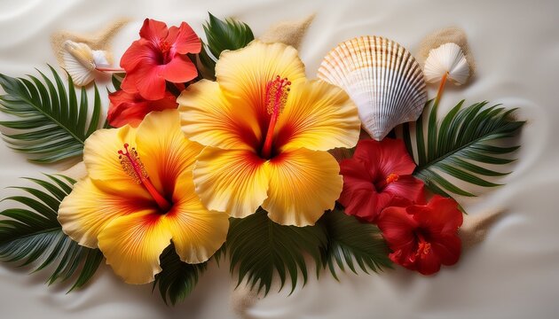 a vibrant arrangement of yellow and red hibiscus flowers with lush green leaves and a seashell
