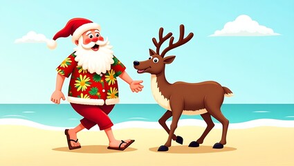 Fototapeta premium Santa claus and reindeer on a tropical beach isolated on white background