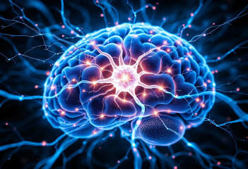 Digital visualization of a human brain with glowing neural connections