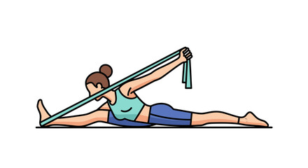 Illustration of Woman Practicing Yoga Stretch with Resistance Band in Splits Pose