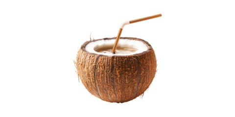 Coconut Drink With Straw. Refreshing Tropical Beverage Concept Isolated On Transparent Background