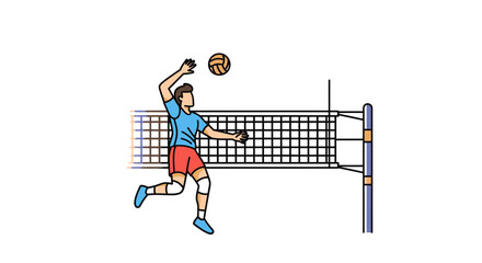 Dynamic Volleyball Player Spiking Over the Net in Intense Match Illustration