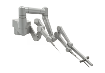 A silver mechanical arm extends with a pincer tool set against a black background