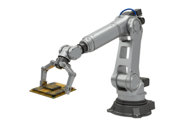 A silver industrial robotic arm holds a circuit board against a black backdrop