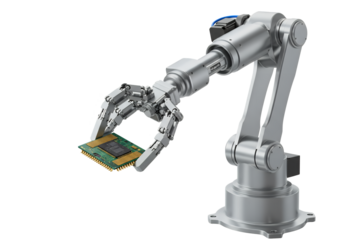 A robotic arm holds a microchip in its gripper against a black background