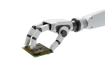 A robotic arm holds a circuit board against a black background