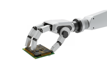 A robotic arm holds a circuit board against a black background
