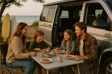 Family enjoying breakfast at beachfront campsite with camper van