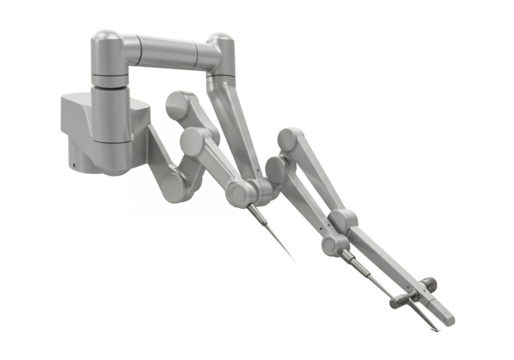 A silver mechanical arm extends with a pincer tool set against a black background