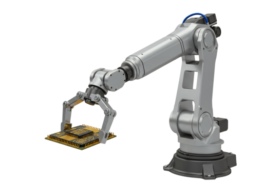 A silver industrial robotic arm holds a circuit board against a black backdrop
